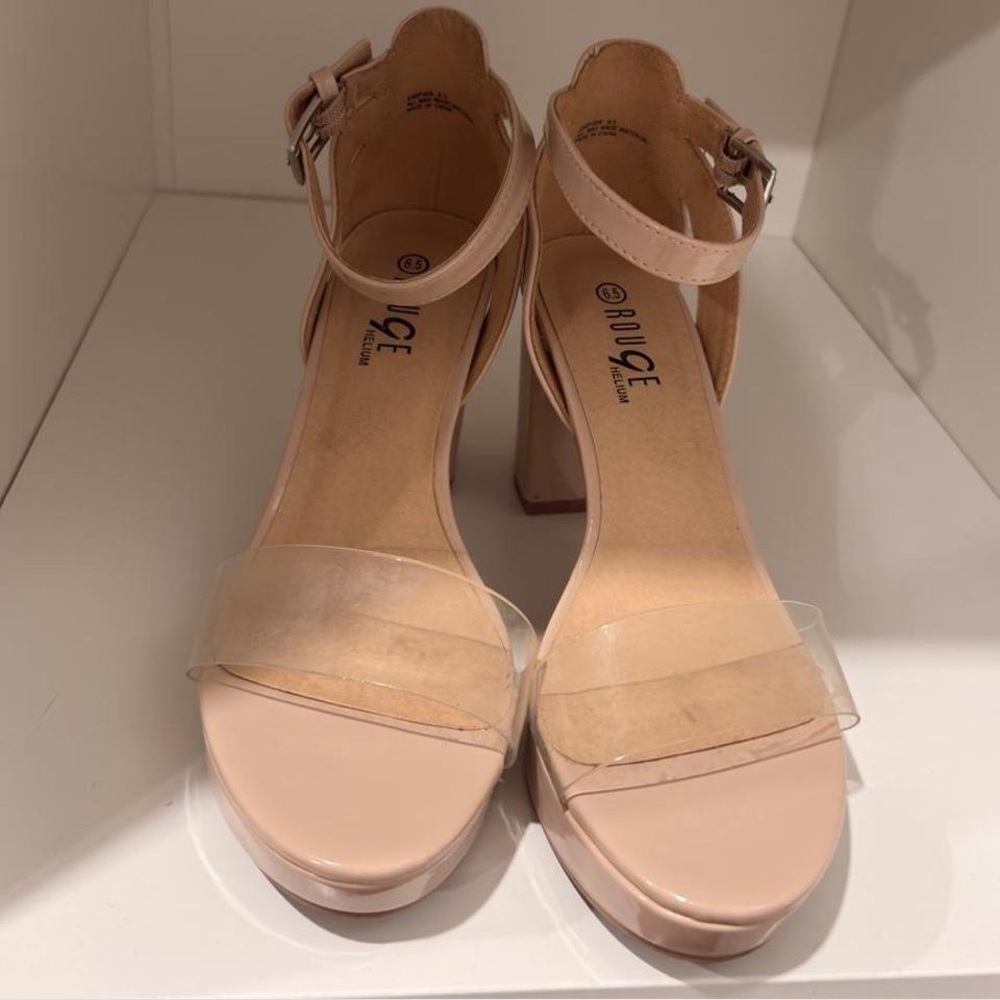Rouge Helium Nude Pink Clear-Strap Block Heel Sandals
